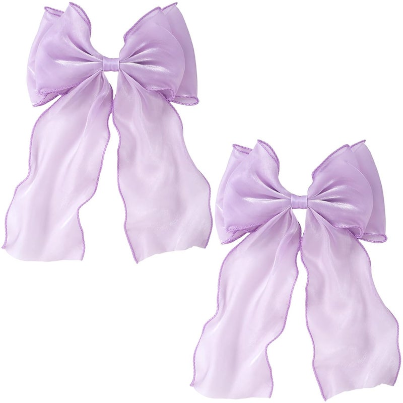 STSTR 2Pcs Large Hair Bow Clips, Purple Silk Yarn Ribbon Bow Hair Barrette for Women, Elegant Long Tail Bowknot French Hair Accessories for Wedding, Parties, Festivals - Image 1